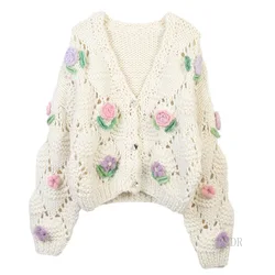 Knitted Cardigan with Flower Embroidery for Women, V-Neck, Long Sleeve, Loose Sweater, Tops, 2024 New