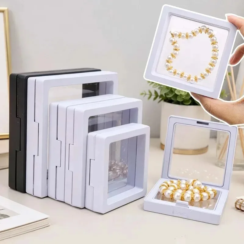 20pcs Portable Transparent Floating Display Box PE Film Black White 3D Dust Proof Storage Case Medals Badges Coins Jewelry Nails