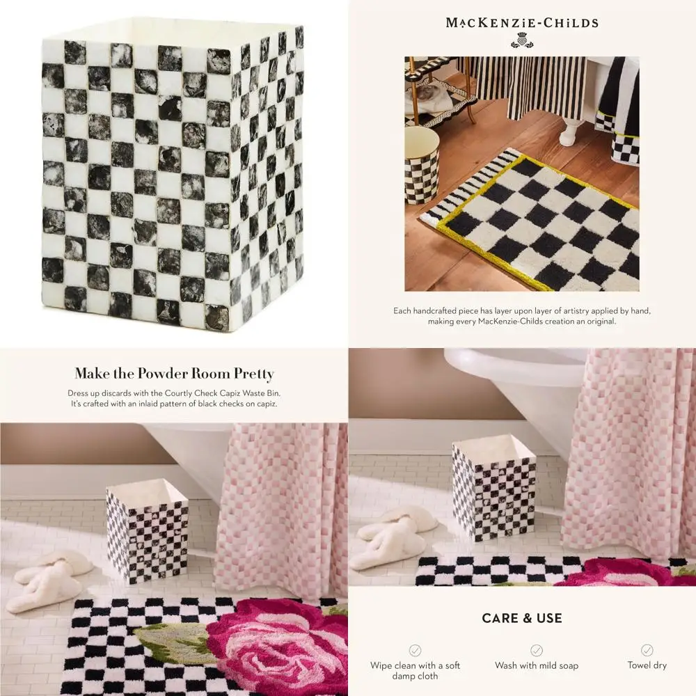 

Decorative Capiz Waste Bin for Bathroom and Bedroom, Black-and-White Courtly Check Pattern, Trash Can with Elegant Design