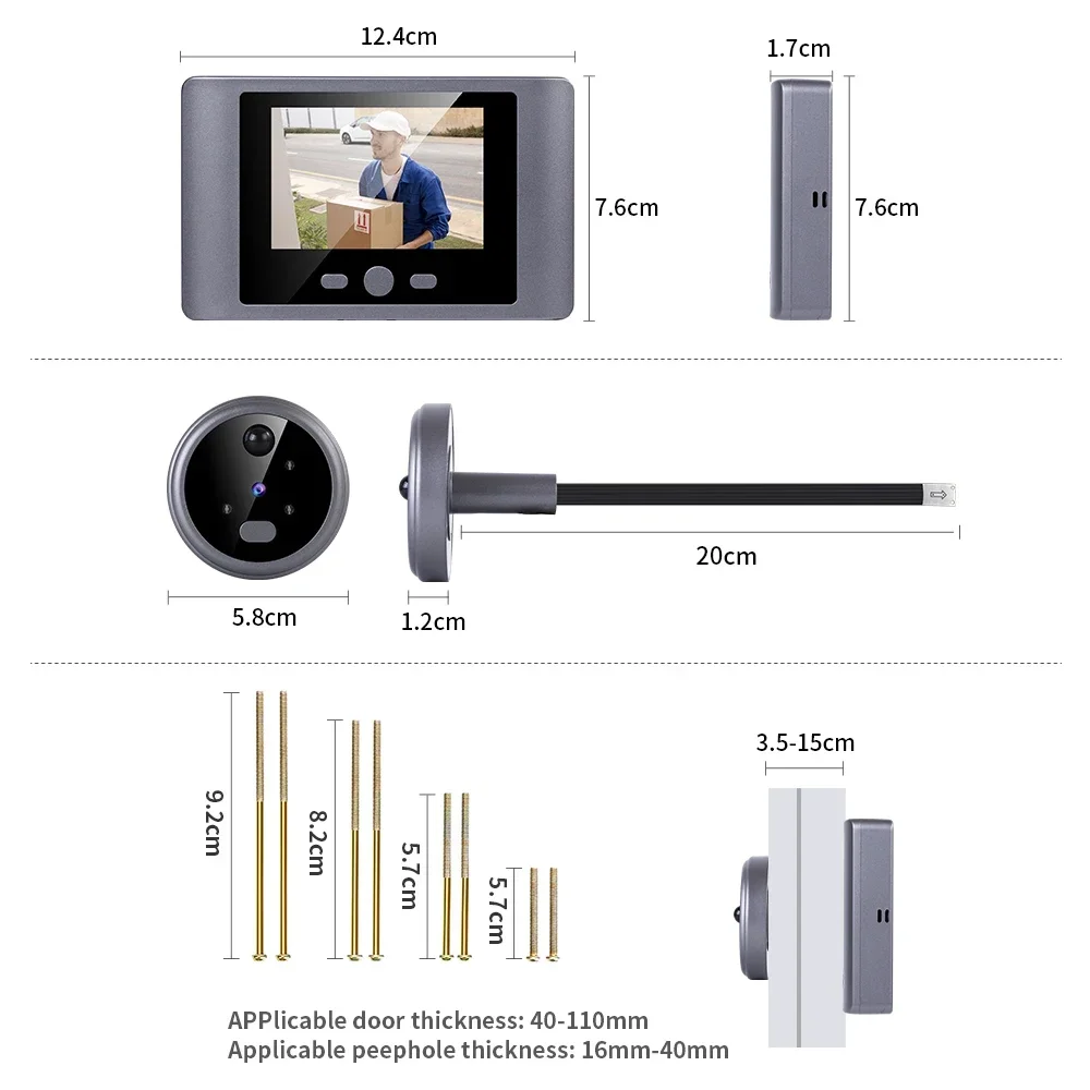 Campainha Eletrônica com Visão Noturna, 2,8 polegadas, Detecção de Movimento, Bateria de Lítio Embutida, Câmera Digital Door Eye, Smart Peephole