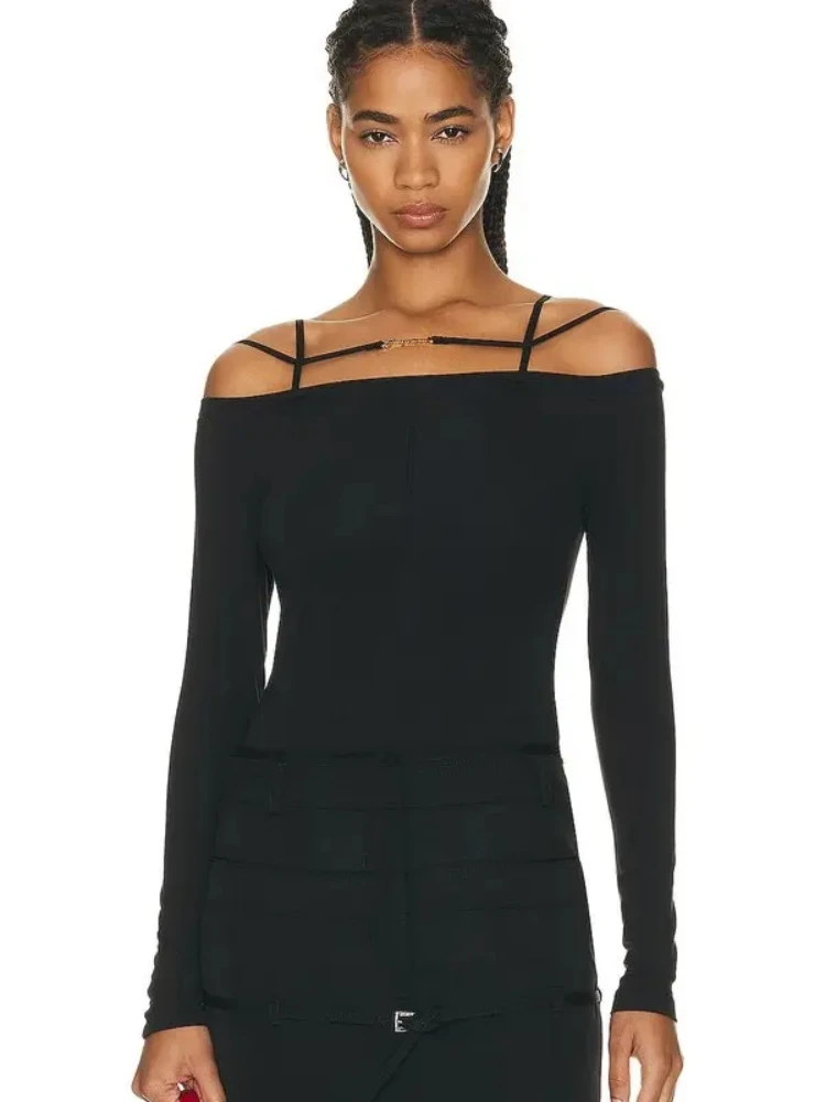 Ja marca design fora do ombro letras de metal manga comprida algodão elasticidade camiseta para mulher magro ajuste tshirt roupas superiores