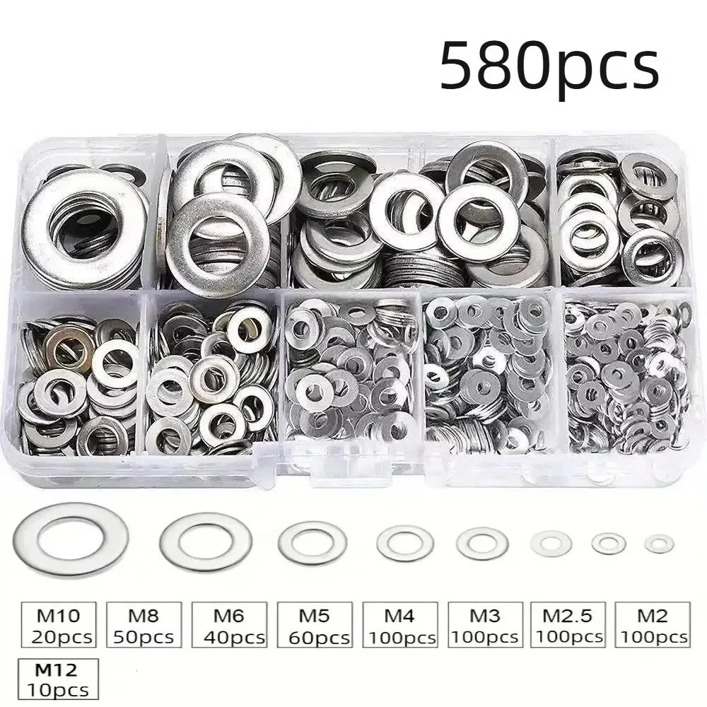 580Pcs Stainless Steel Flat Washer Assortment M2-M12 Multi Size Galvanized Surface Screw Fastener Accessories Rust Resistant