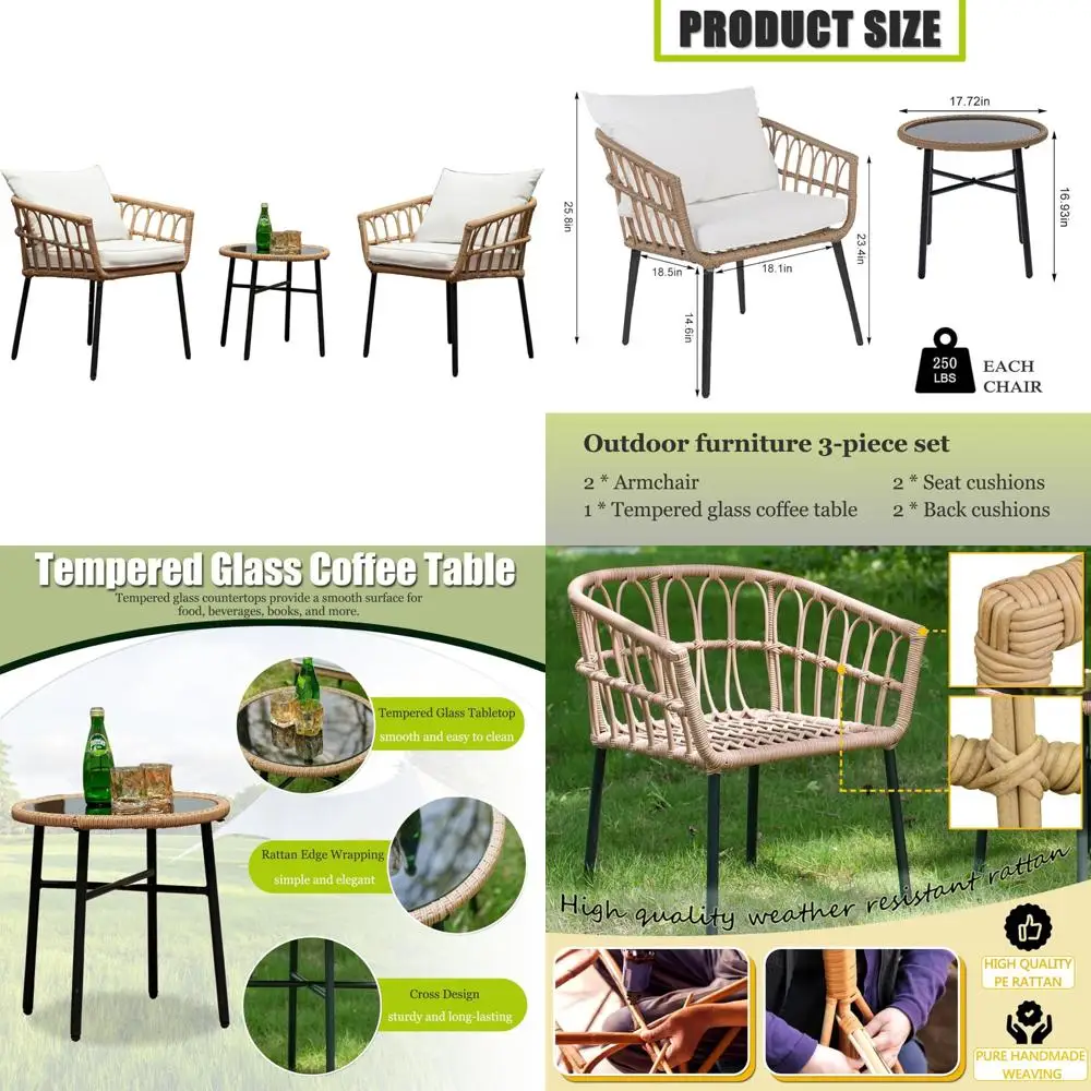 

3-Piece Outdoor Rattan Patio Furniture Set, Bohemian Style Wicker Chairs and Coffee Table for Conversations