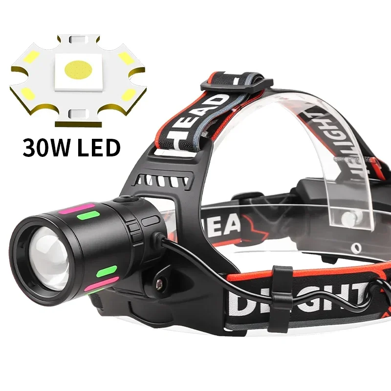 5000LM Powerful 30W LED Headlamp Type-C Rechargesble 18650 Shot Long 2KM Headlight Waterproof Head Torch  for Camping Fishing