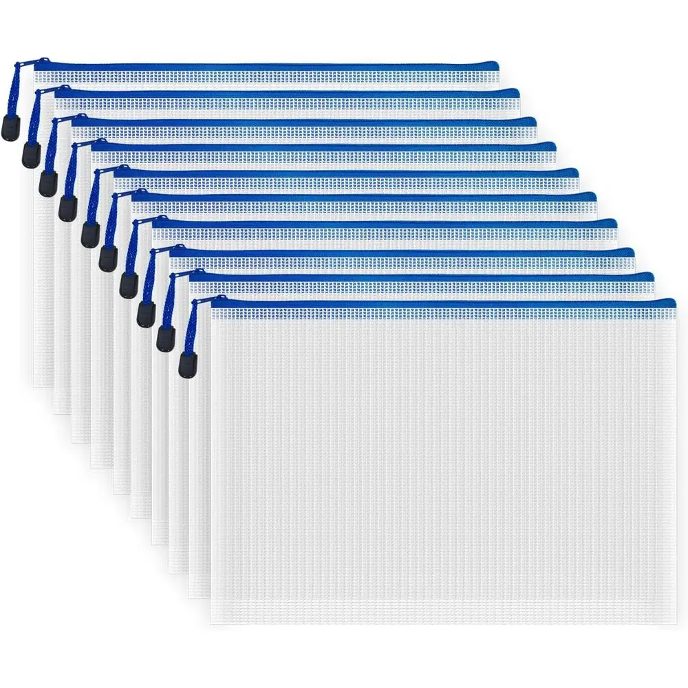 

10 Pcs Zipper Bags, Waterproof Plastic Mesh Pouch, Office School Board Game Storage Bags (A4 Size 13.4x9.4, White and Blue)