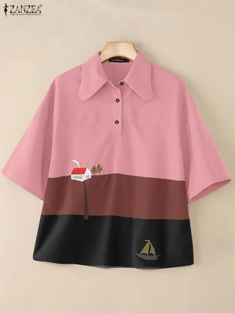 

ZANZEA Summer Women's Contrast-Color Polos Shirts Casual Loose Turn-Down Collar Short Sleeve Embroidered Blouses Woman Tops 3XL