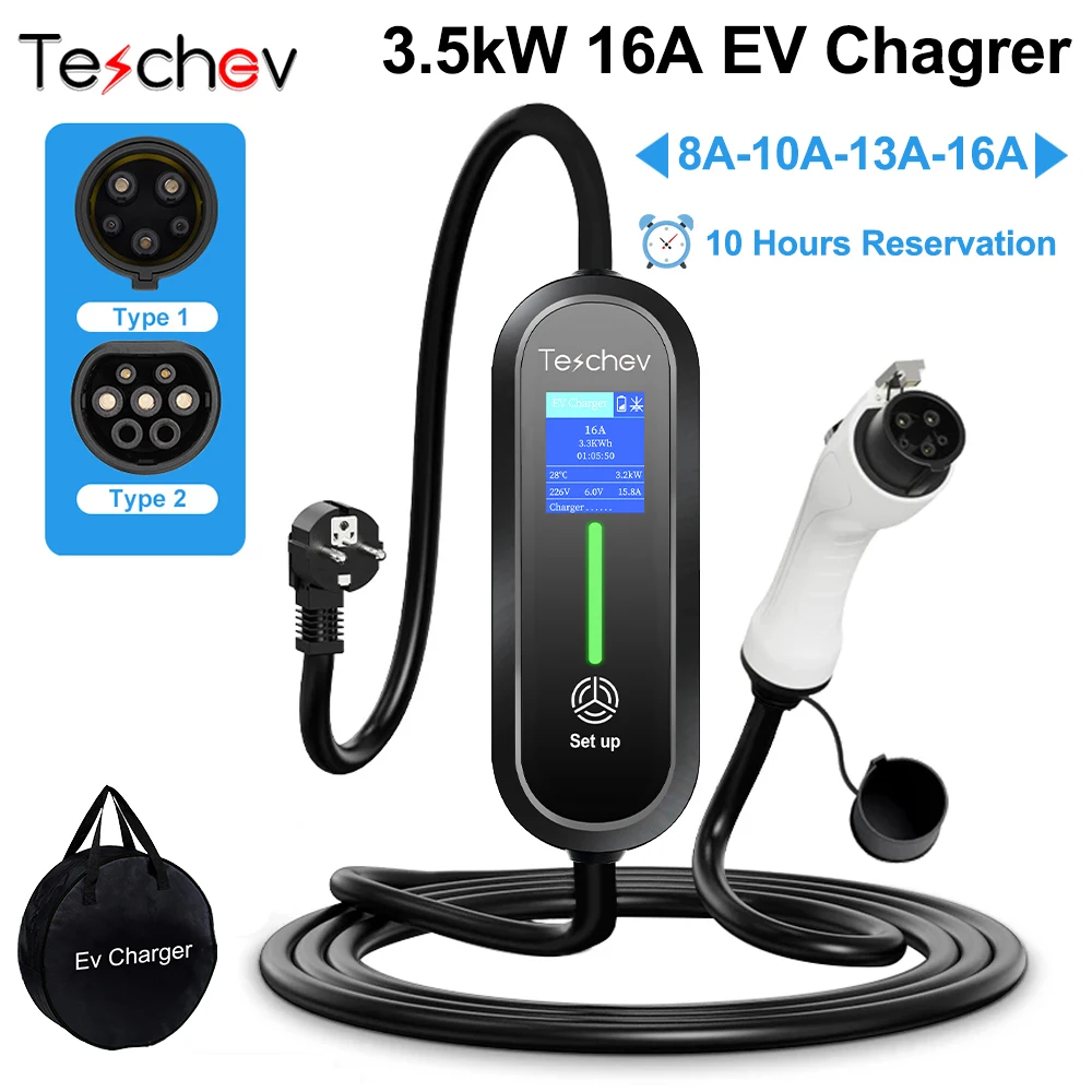 

Teschev 3.5KW 16A Portable EV Charger Type2 Charging Box EVSE Electric Car Charger J1772 Type1 Charger for Electric Vehicle