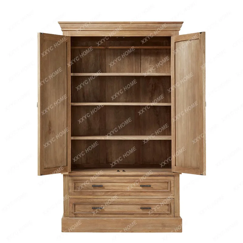 Solid wood retro old double door cabinet bedroom locker rattan oak wardrobe storage cabinet