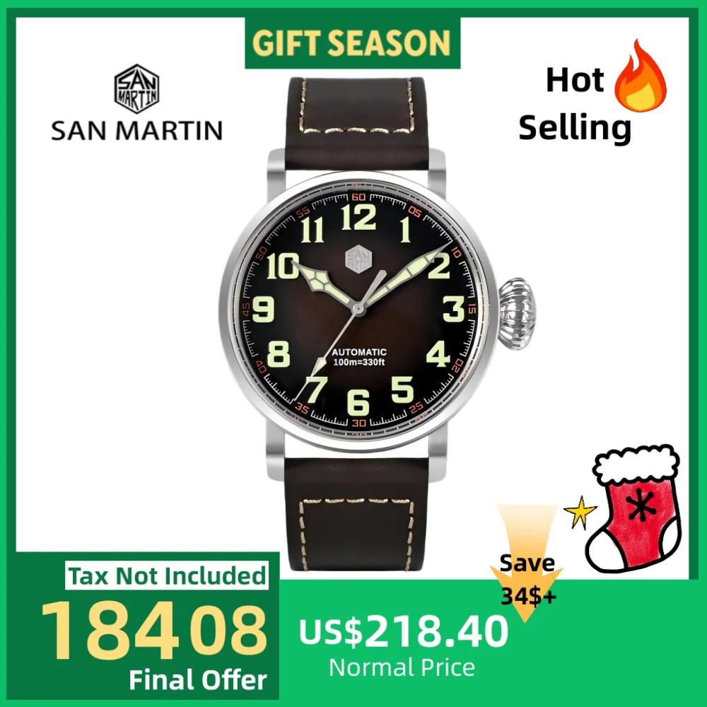 

San Martin 40/45mm Bronze Mechanical Wristwatch Men Automatic Watch Pilot YN55A 10Bar Luminous Sapphire Classic Luxury SN0095