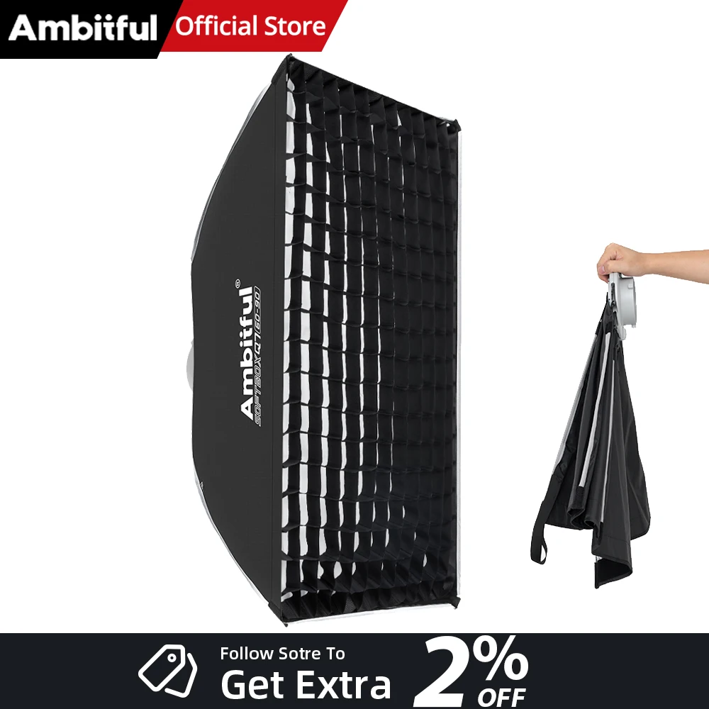 AMBITFUL Q7-II 60*90cm Boîte à lumière rectangulaire à monture Bowens avec grille et ailes latérales, boîte à lumière mate ouverte pour photographie, boîte à lumière de studio à montage rapide