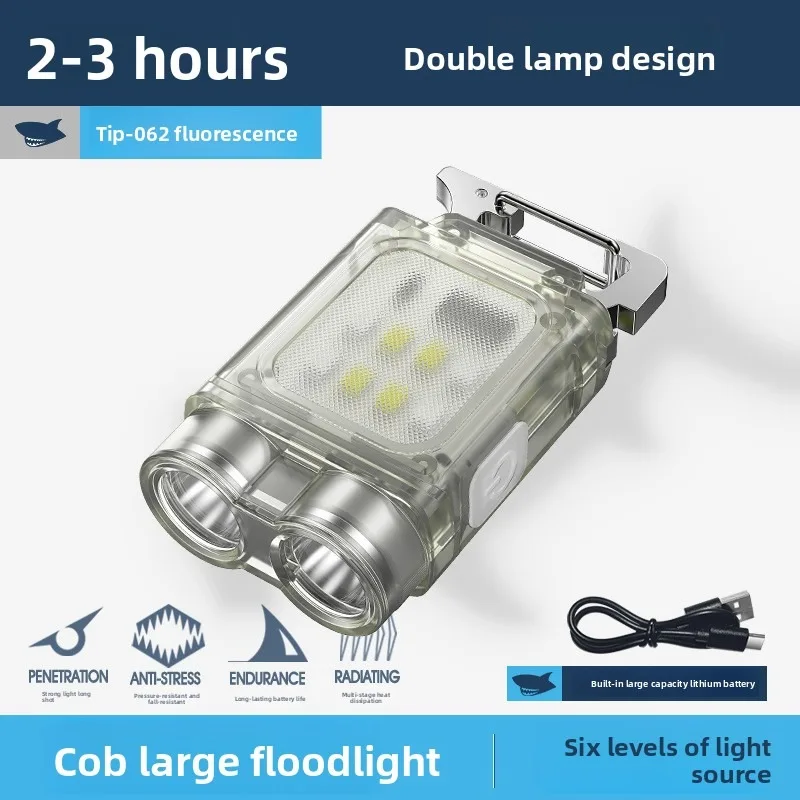 Smile Shark Mini Keychain Flashlight 6 Modes Magnetic COB Side Light Red Blue Strobe USB Rechargeable Waterproof  TIP-062
