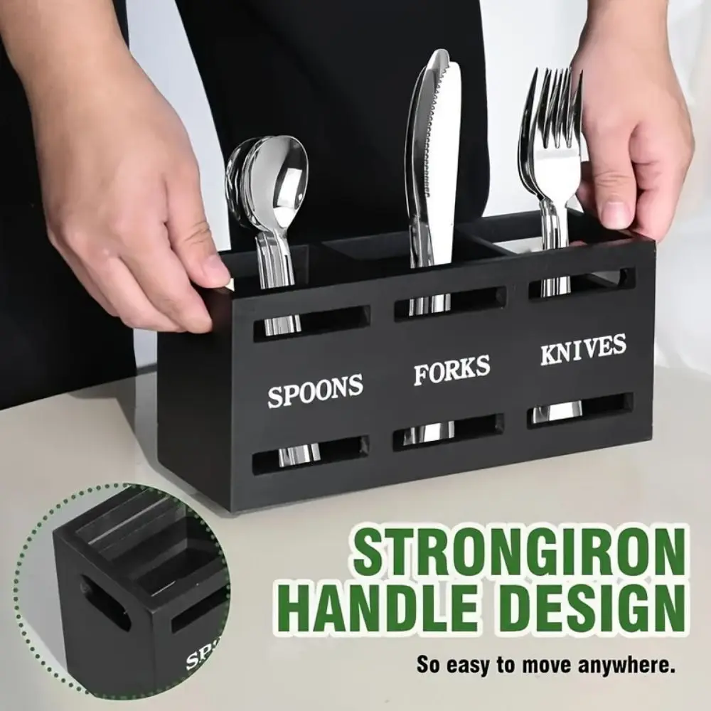 3 Compartments Wood Utensil Holder Large Capacity Double Handle Kitchen Flatware Organizer Breathable Anti-slip Bottom