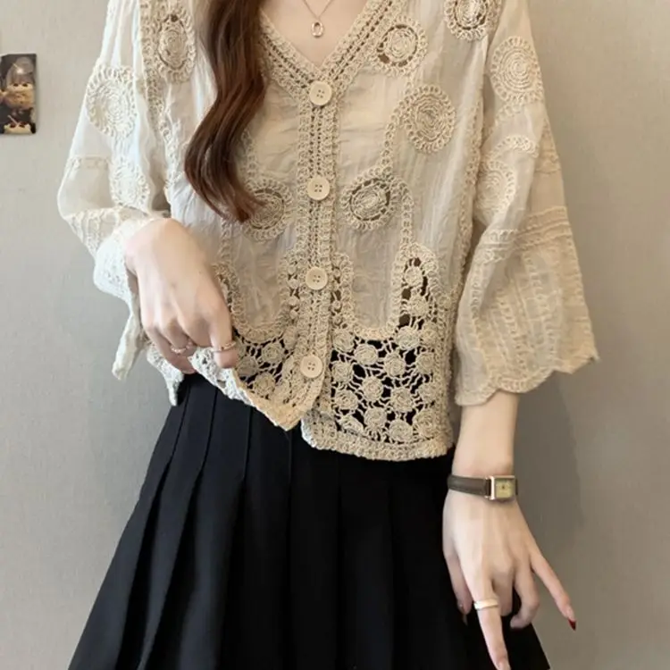 

3/4 Sleeve Crochet Hollow Out V-Neck Blouse Women's Spring Elegant Top