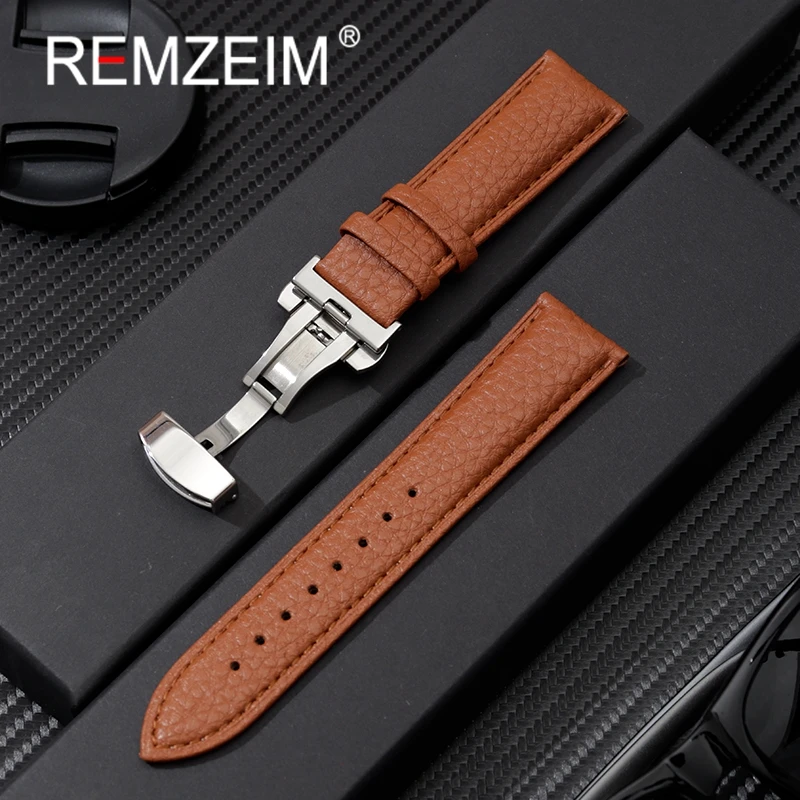 Litchi patterned Genuine Calfskin Leather Watchband 18mm 20mm 22mm Straps with Solid Automatic Butterfly Buckle Watch Band