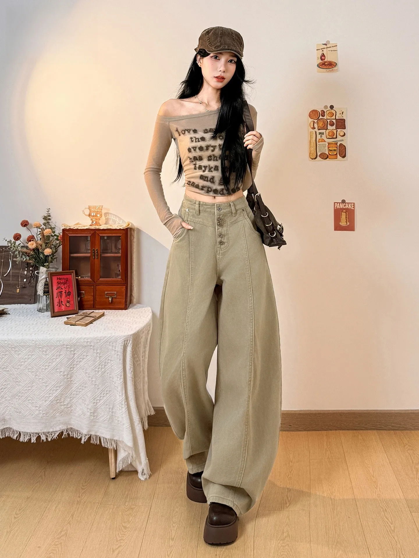 Slimming High Waist Wide Leg Jeans Women's Greenish Grey American Style Vintage Single Button Loose Fit Summer Jeans