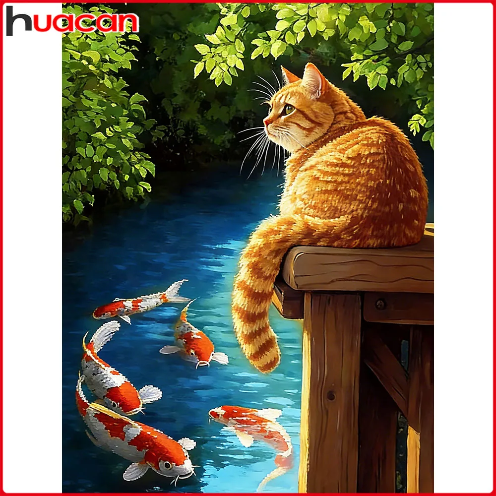 Huacan DIY Diamantmalerei Katze Goldfisch Diamant-Mosaik Tier Landschaft Komplettes Set Dekorative Gemälde