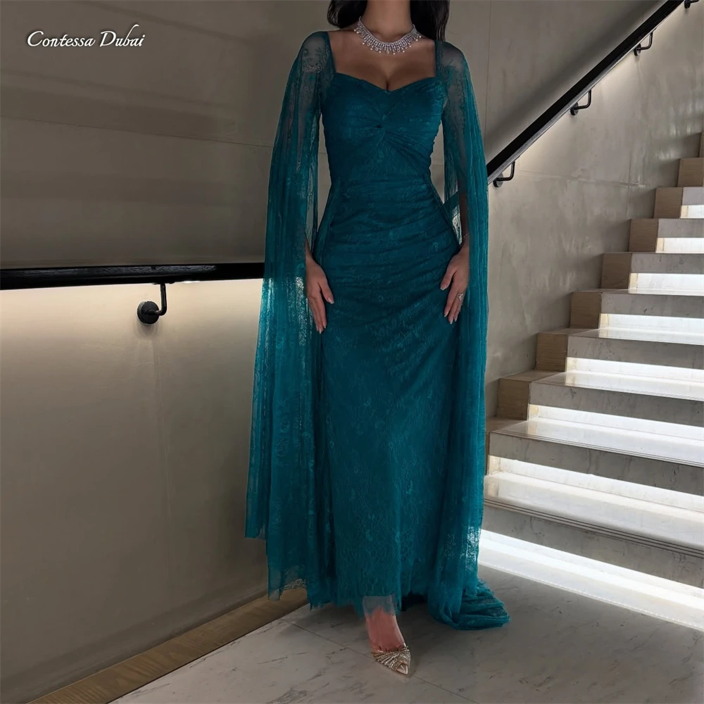 

Вечернее платье Contessa Custom Teal Sweetheart с рукавами-накидкой, элегантное, с драпировкой, длиной в пол, приталенное, для торжественных мероприятий