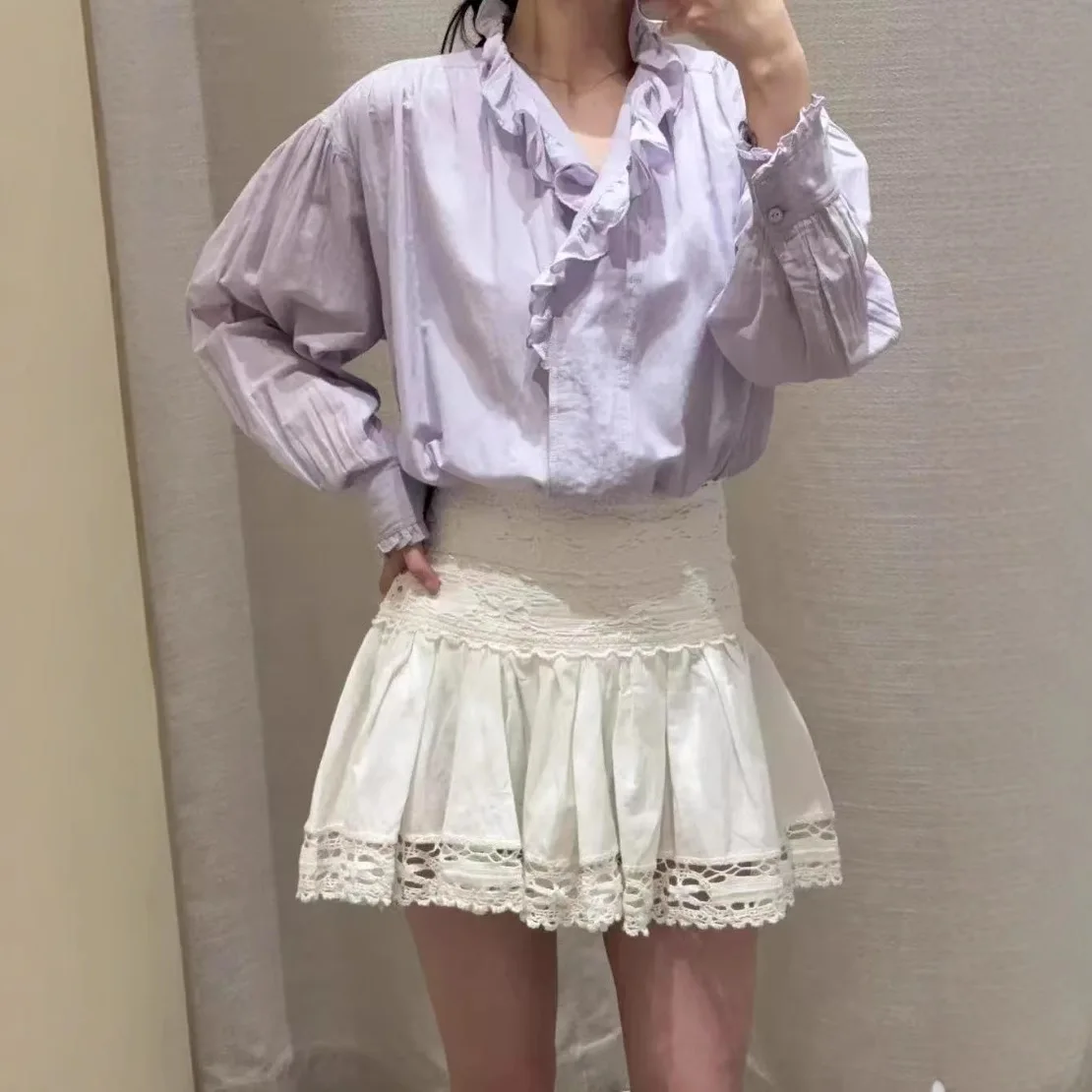 

2025 Isabels Marants Fashion Shirt New Vintage Romantic Purple Ruffle Mullet Neck Loose Versatile Long Sleeve T-Shirt