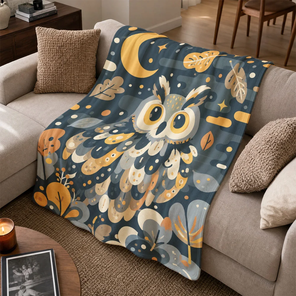 Elegant Owl Print Throw Blanket for Sofa Couch Decor Navy Blue Forest Woodland Theme Cozy Fleece Knit Bed Throw Living Room Nap