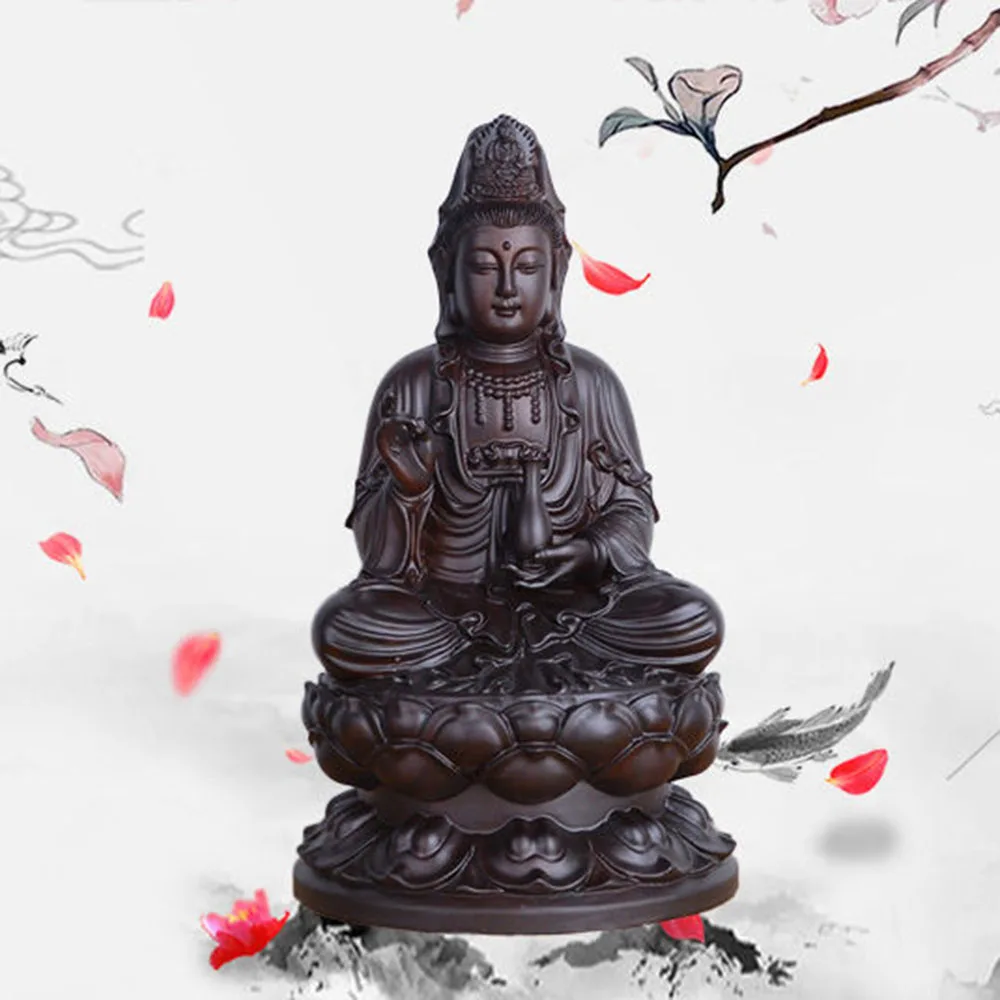 6inch Wooden Guanyin Statue Safflower Solid Wood Black Sandalwood Wooden Buddha Statue Home Feng Shui Decoration