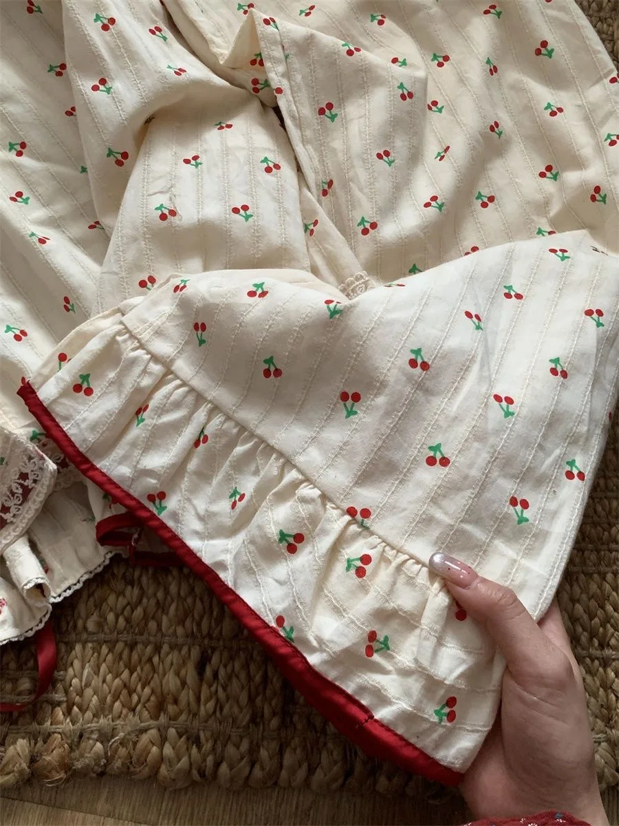 

Sweet Cherry Print Home Clothes Set for Women Large Size Spwear with Lace Trim Long Pants Long Sves Spring Autumn New S...