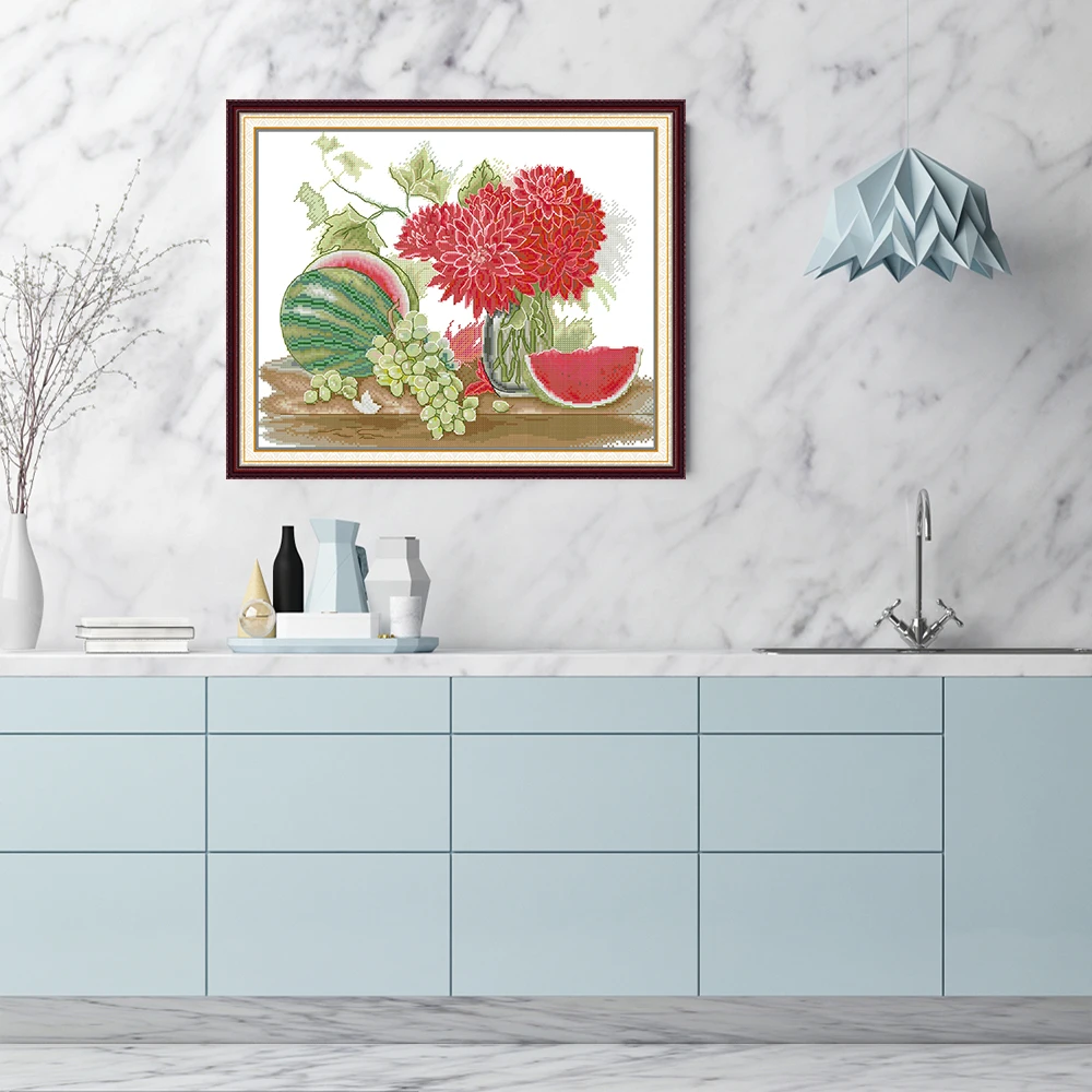 Joy Sunday Cross Stitch Fruits with Dahlia HD Pattern Counted Stamped Fabric Aida 16/14CT Printed Fabric DIY Embroidery Set