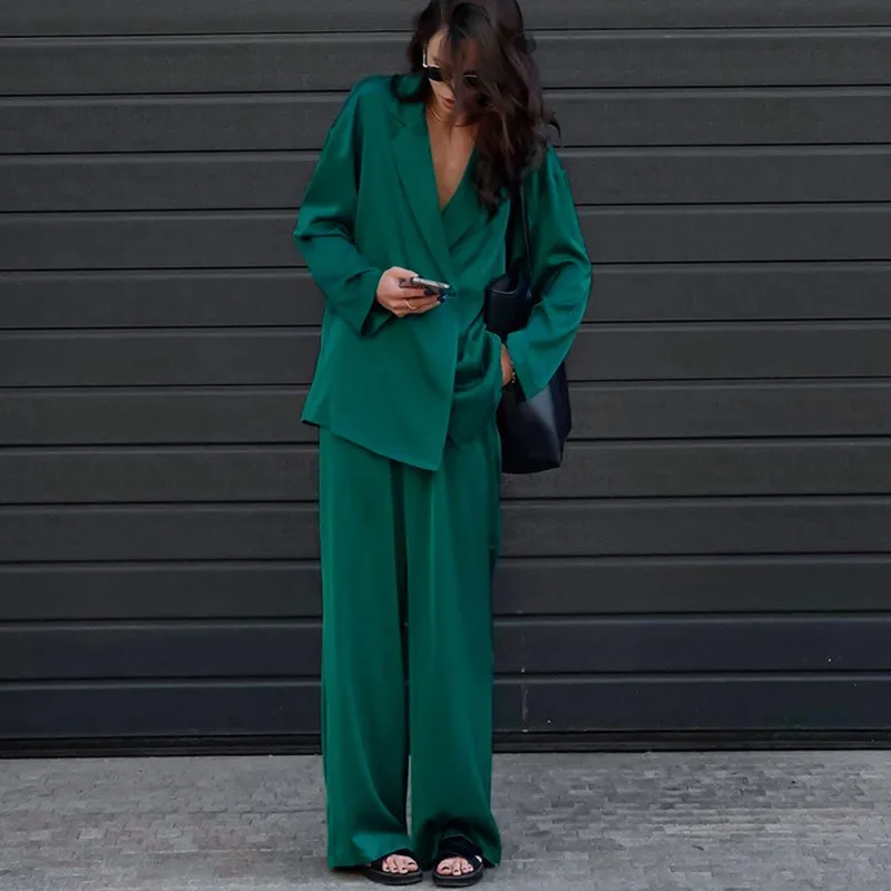 

Chic OL Blazer Pants Sets For Women 2023 Elegant Pants Sets Green Blazer Pants Satin Sets