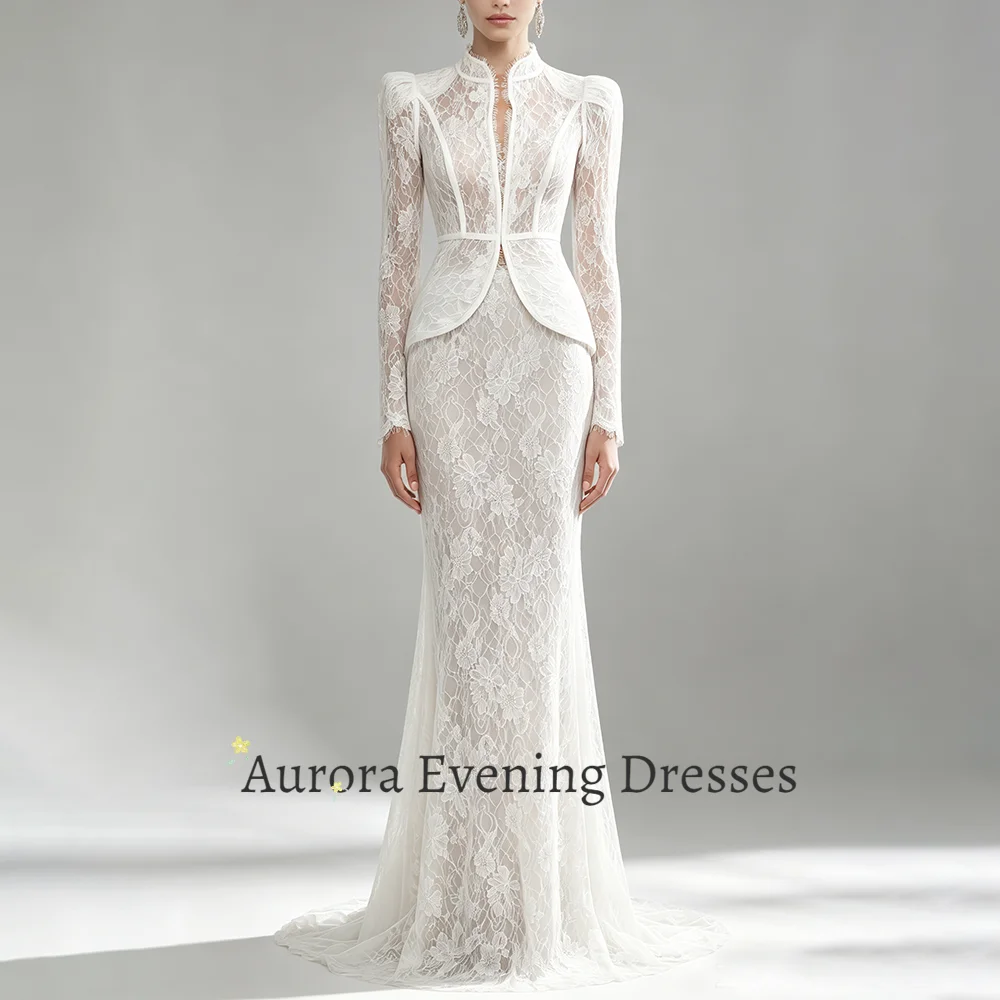 Aurora Elegant Vintage Mermaid Wedding Dresses for Women Long Sleeve Floral Lace Two‑Piece Bridal Gown Formal Evening Party