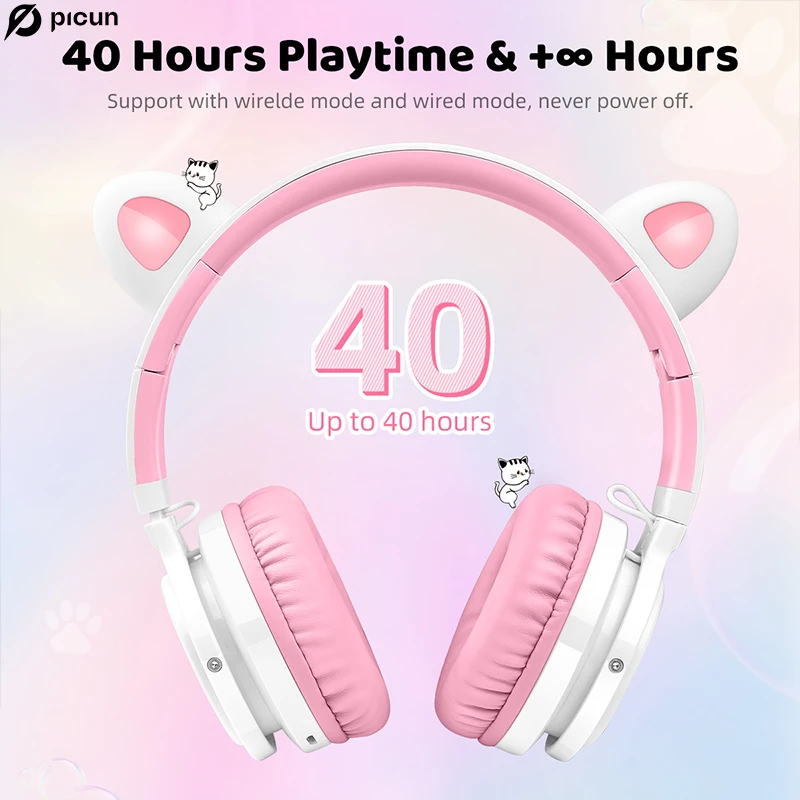 Picun Lucky Cat Ear Kids Wireless Headphones, LED Lights Up, Volume Limited, 40H Playtime, Kids Headphones for iPad/Tablet