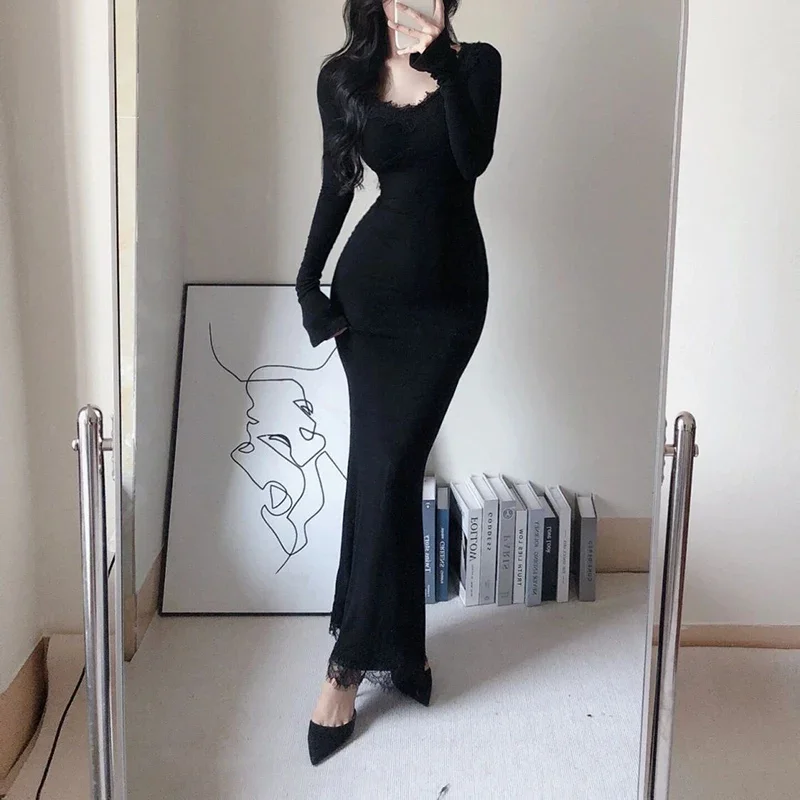 2025 New Spring Women Sexy Bodycon Wrap Long Dress Female Chic Lace V-neck Dress Lady Designer Party Slim Fit Knitted Dress