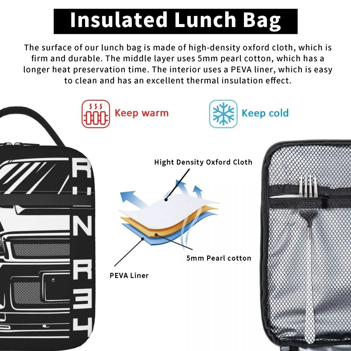 GTR R34 Skyline Jdm Car Merch Insulated Lunch Bag School Lunch Container Portable Unique Design Cooler Thermal Lunch Box