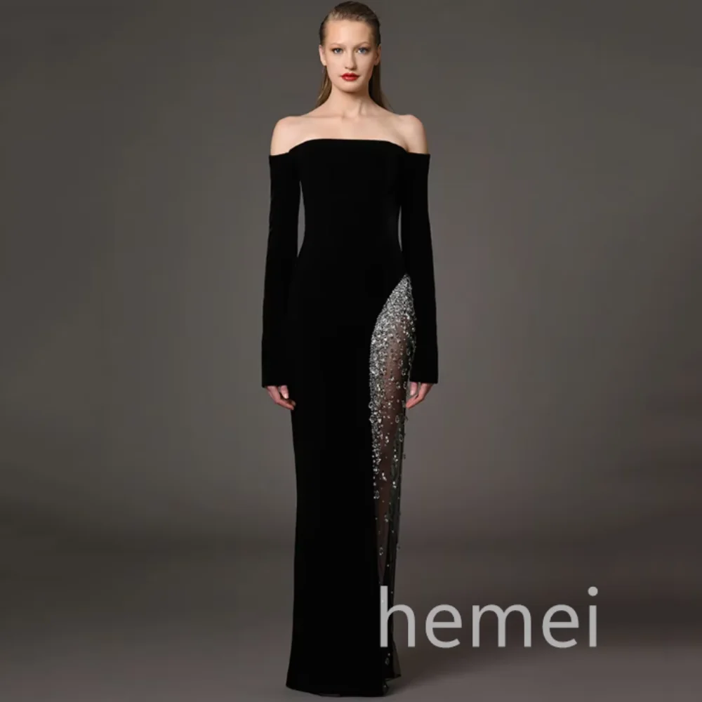 

Black Sheath Customized Elegant Strapless Crystal Evening Dress Off Shoulder Vintage Party Gown Prom Dresses Vestido De Novia