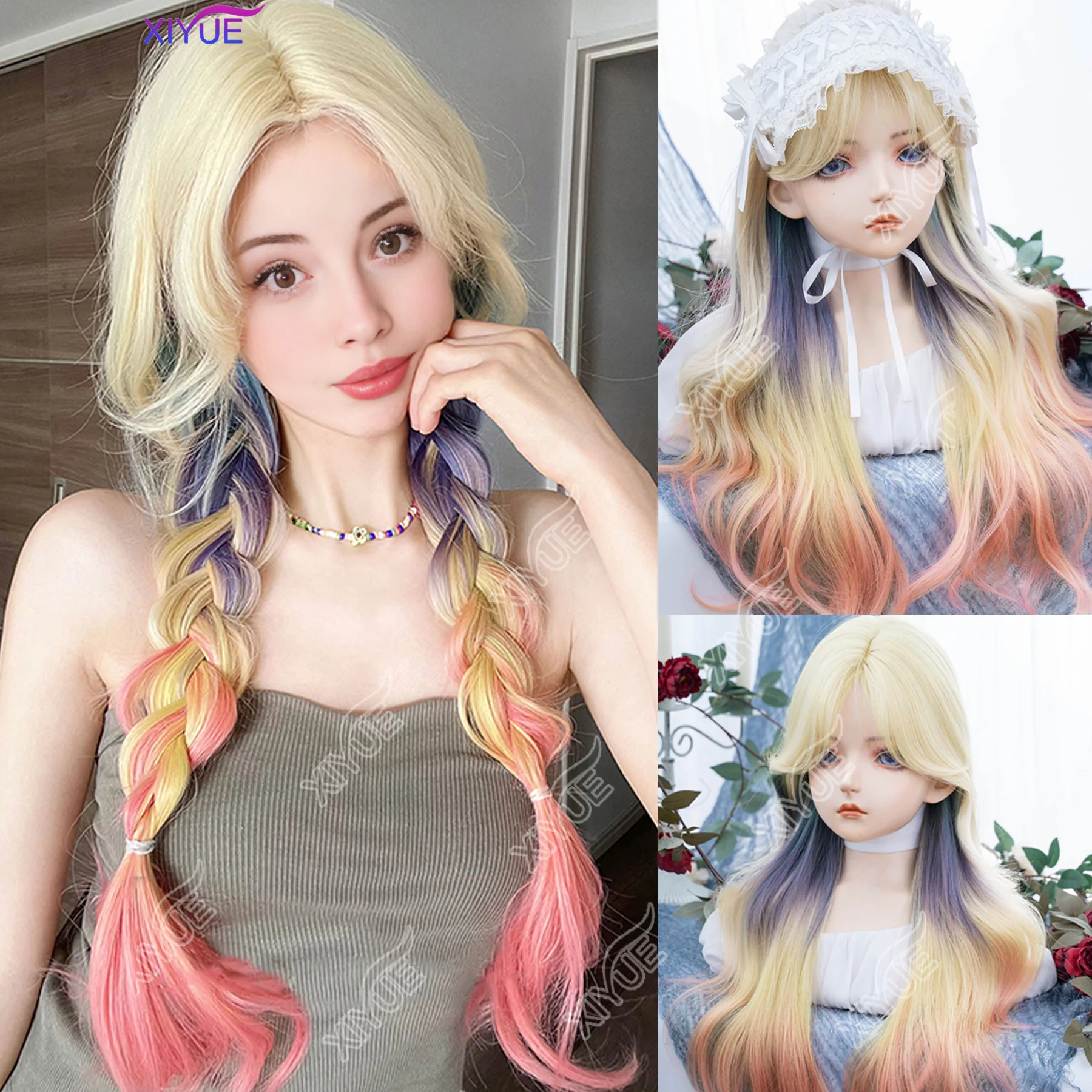 

XIYUE 26Inch Dopamine Girl Style Blonde Mix Multicolour Synthetic Wigs Middle Part Long Wavy Hair Wig For Women Cosplay