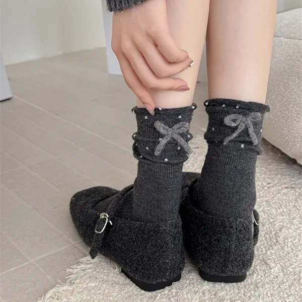 Warm Cloud Fluffy Autumn/Winter Sleep Socks Korean Style Polka Dot Ins Bowknot Sweet Soft Mid-Cal