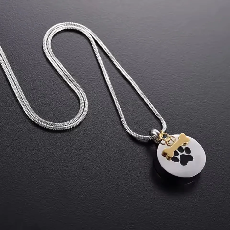 Round Pet Paw Print Urn Pendant for Ashes with Dog Bone Stainless Steel Customizable Memorial Necklaces Keepsake Ashes Jewelry
