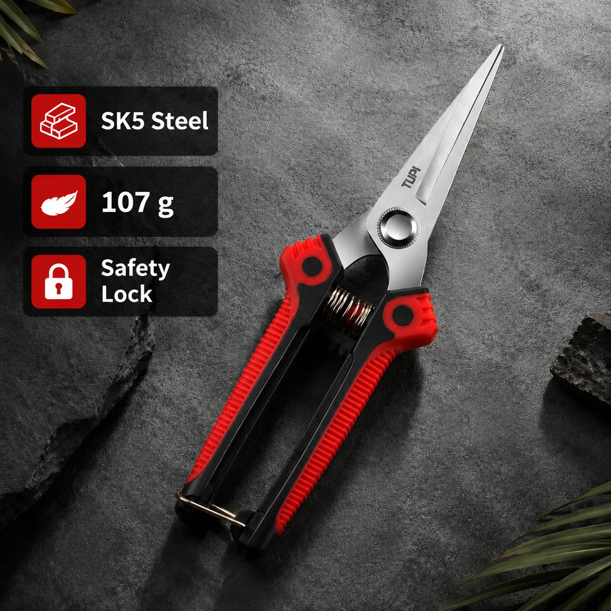 TUPI SK5 Steel Garden Pruning Shears, 8-Inch Heavy Duty Branch Cutter & Fruit Picking Scissors, Ergonomic Soft Grip