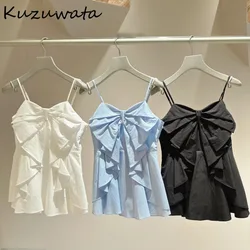 Kuzuwata nowa wiosenna słodka kwadratowy kołnierzyk koszula bez rękawów z falbanami na ramionach topy z ramiączkami kokardką Japan Moda All-match Casual Blusas