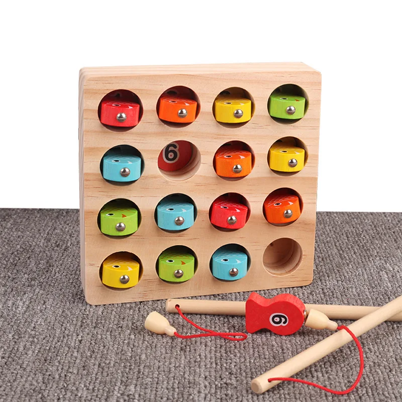 Wooden Magnetic Digital Fishing Game for Children's Fun Insect Catching and Fishing Music Toy Fishing Rod 15 Small Fish Blocks