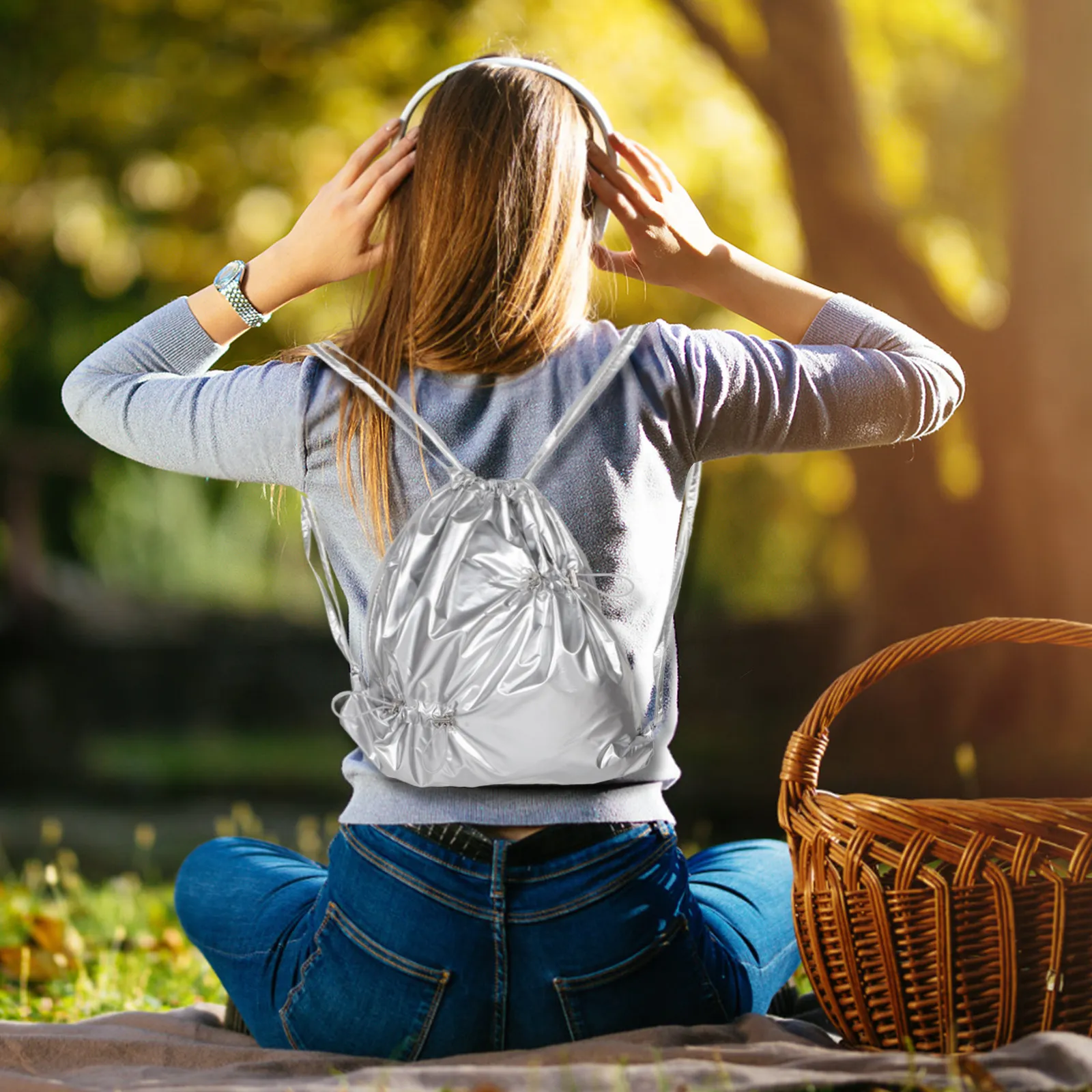 Nylon Drawstring Backpack Bright Irregular Pleated Large Capacity Waterproof Gym Travel Sports Bag Lightweight Foldable Casual