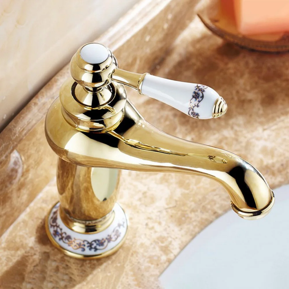Gold Brass Bathroom Basin Faucet Retro Style Vanity Sink Mixer Tap Deck Mounted Hot & Cold Water Mixer Tap Faucet  Lnf501