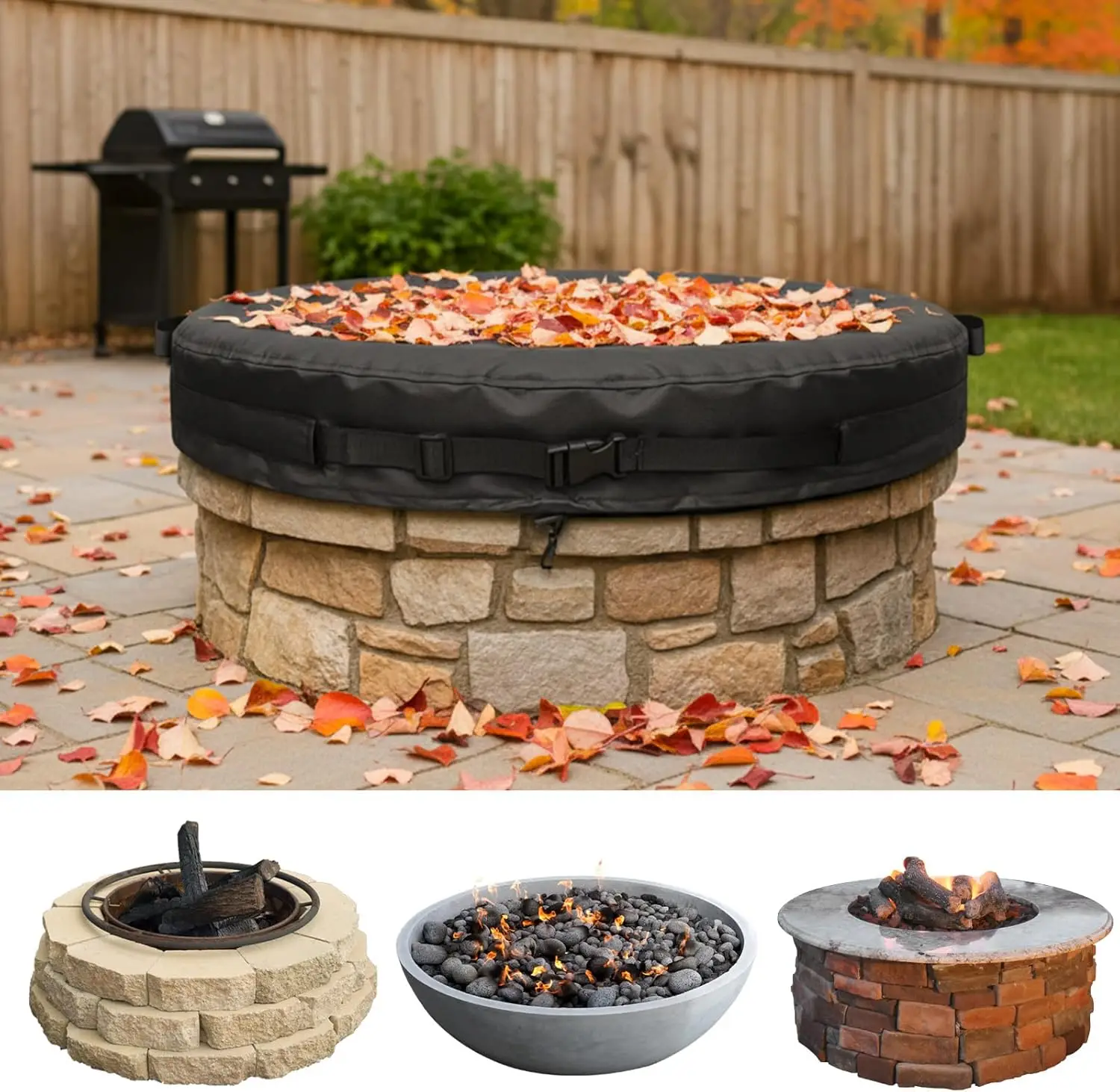 

Round Fire Pit Cover 51-56" | Heavy Duty 600D Oxford Waterproof Outdoor Firepit Cover with Adjustable Buckle Strap for In-Ground