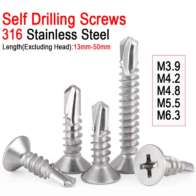 Yiqianyuan SUS316 Stainless Steel Phillips Flat Self Drilling Screws M3.9 M4.2 M4.8 M5.5 M6.3 Sheet Metal Self Tapping Screws