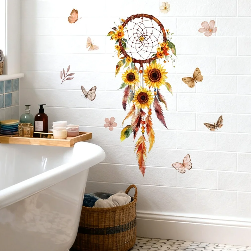 Self-Adhesive Sunflower Dreamcatcher Wall Sticker 30x60cm Yellow PVC Decor for Contemporary For Living Room Bedroom Use
