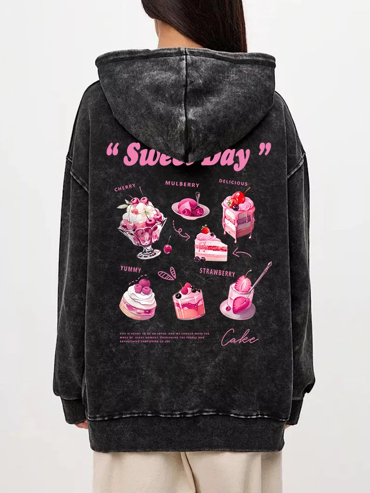 Cotton Woman Washed Hoodies Sweet Day Pink Ice Cream Cakeprinting Streetwear Oversize Pocket Warm Pullover Autumn Female Clothes