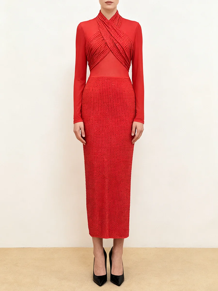 TWOTWINSTYLE Slimming Sheer Spliced Hot Fix Sexy Dresses for Women Stand Neck Long Sleeves High Waist Elegant Dress Female New