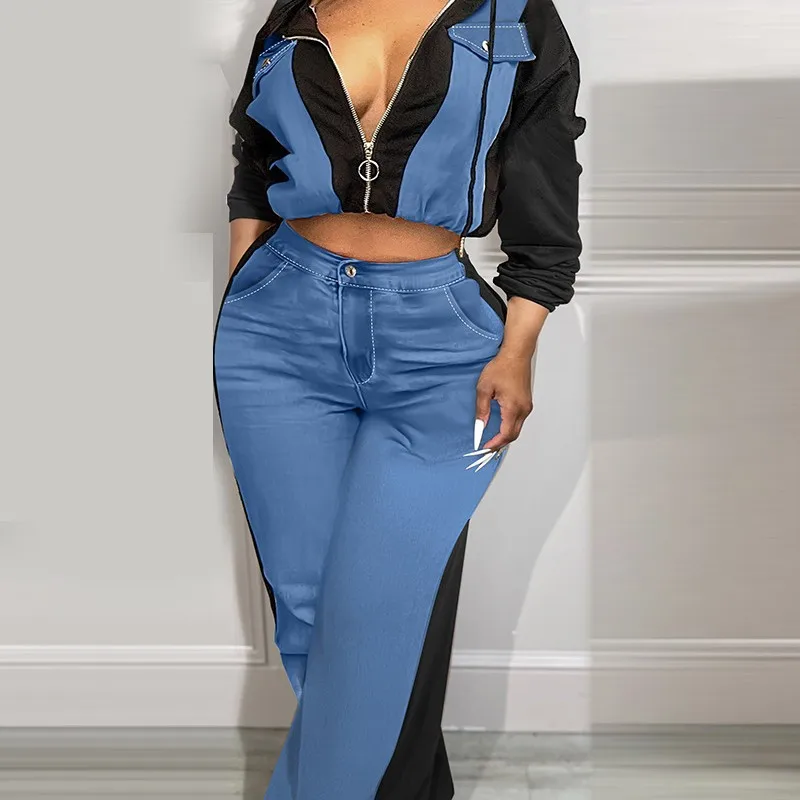 Elegant Two Piece Set Women Outfit 2025 Spring New Colorblock Zip Up Flap Detail Hoodie & Fashion High Waist Casual Pants Set