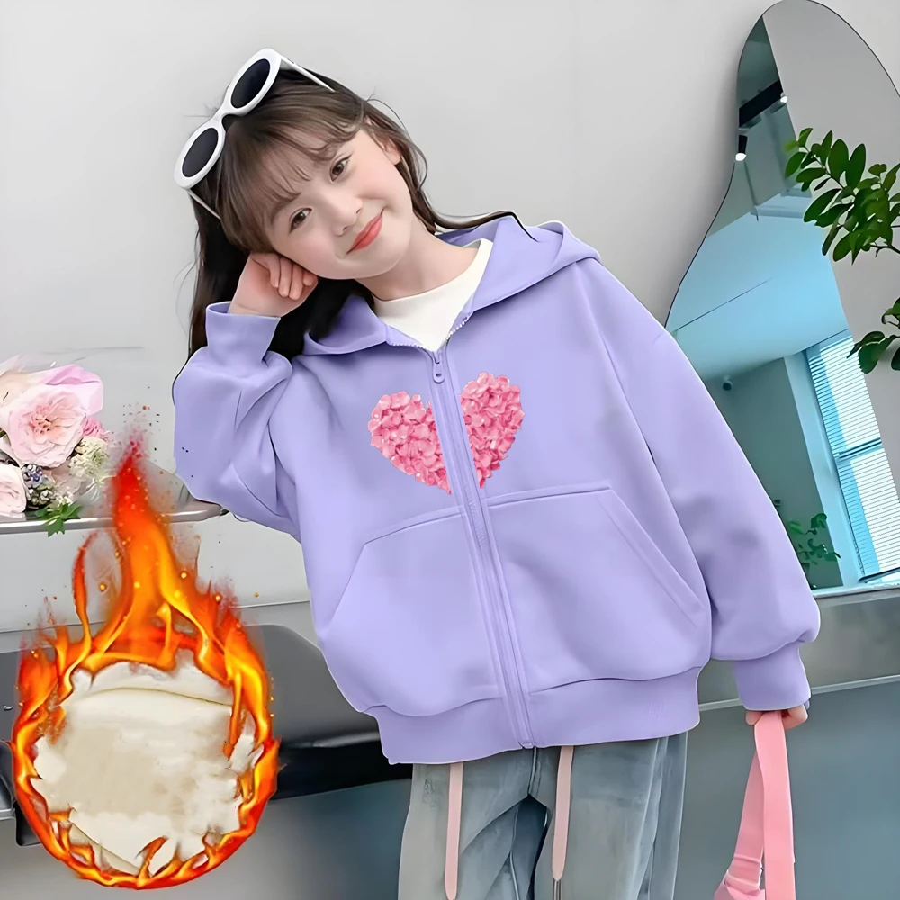Children Zip Black Pink Girl Hoodie Tops Casual Sweatshirt Kids Autumn Trendy Outerwear  Heart-shaped flower Print Clothing