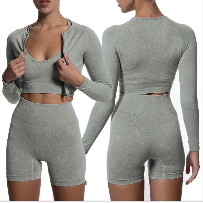 Women Seamless Yoga Set Gym Sport Shorts Workout Clothing Long Sleeve Zipper Crop Top High Waist Legging Fitness  Suit