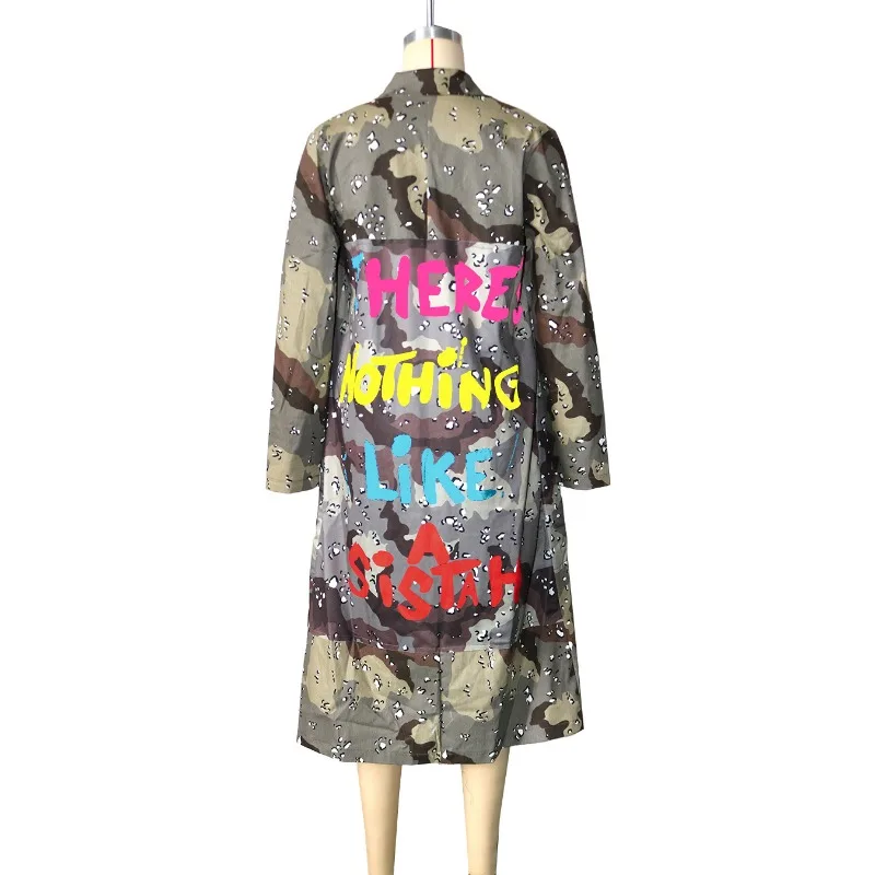 Casual Fashion Camouflage Printed Patchwork Mid Length Coat for Women 2023 Autumn Winter Turn-down Collar Pocket Cardigan