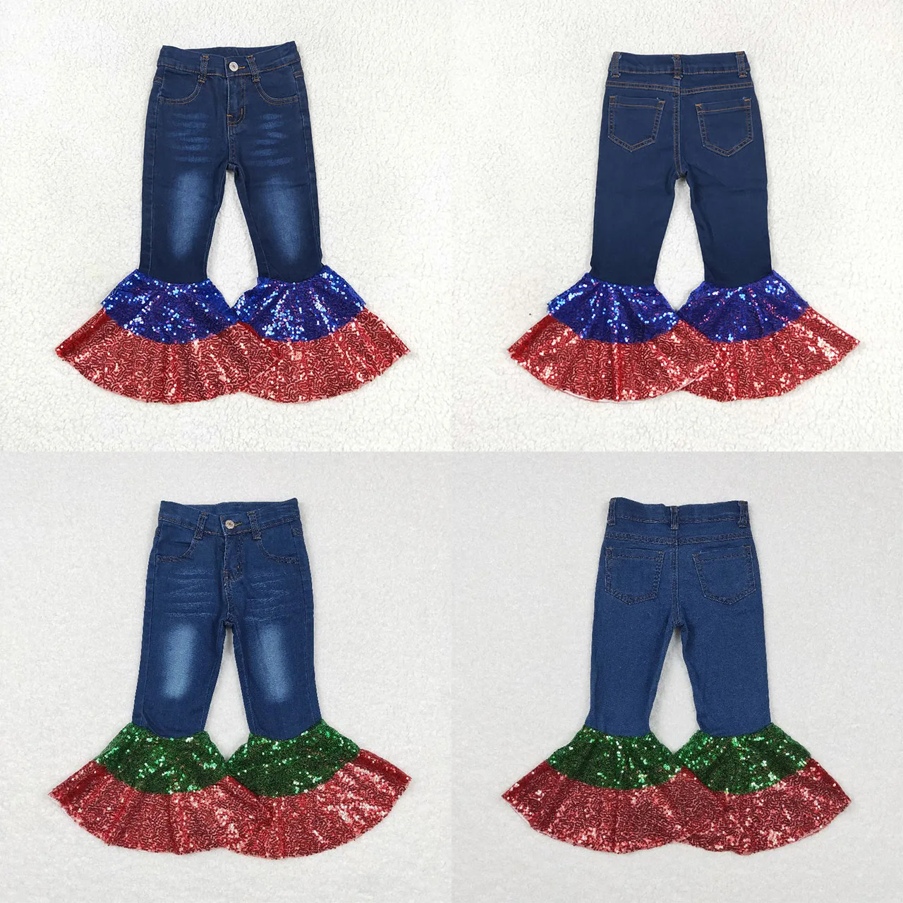 

Wholesale Baby Girl Red Blue Sequins Denim Bell Bottom Pocket Pants Infant Trousers Kids Jeans Children Toddler July 4th Clothes